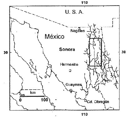 Map of Mexico showing location of study area in northern mainland Mexico.  Click for larger version