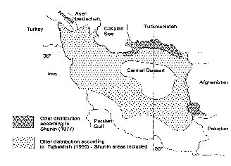 Map of Iran showing that Shunin considered that otters were only found in the northern area bordering Turkmenistan, and a small area in the east bordering Afghanistan.  Takbakhsh considered that otters were found throughout the country apart from the central desert and the southern fringe of the Persian Gulf.  Click forlarger version.
