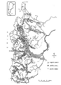 Map of Chile showing location of study area halfway down the coast, and detailed map of study area showing positive and negative otter sites and positive mink sites.  Click for larger version.