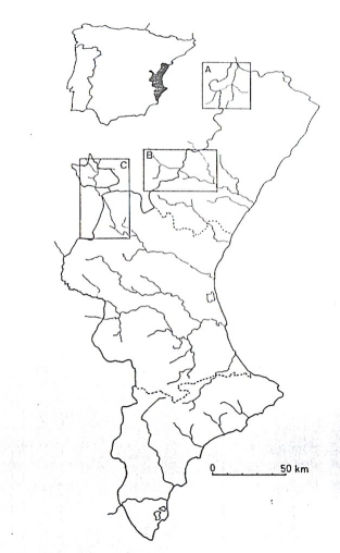Map showing the location of the three areas inland from the east coast of Spain