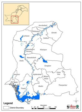 Map of the Sindh Province of Pakistan showing the 23 districts and the major waterways and water bodies.  Click for larger version