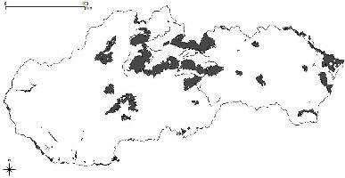Map of Slovakia showing the conservation areas, which are fewest in the western half of the country.  Click for larger version