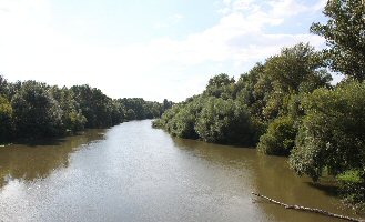 A medium-sized river with low wooded banks