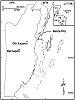 Map showing Cox Lagoon west of Belize City in the middle of the country, and Belmopan south west of it