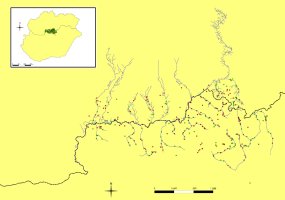 Map of the Ipel' river basin, which mainly forms the border betweeb Slovakia and Hungary, showing positive and negative survey points.  Click for larger version