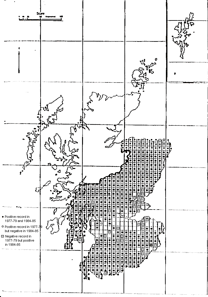 Map of Scotland gridded to show survey areas and findings for 1977-79 and 1984-85