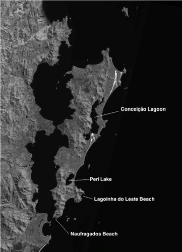 Map of Santa Catalina Island, showing the major locations: Conceicao Lagoon in the north east, Peri Lake in the south central area, Lagoinha do Leste Beach, on the south east coast and Naufragados Beach at hte south end of the island. Click for larger version