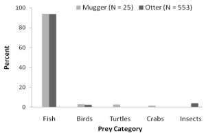 Graph showing the diets of otters and muggers: both mainly eat fish, and very occasionally birds, but muggers also eat a small amount of turtles and crabs, and otters a small amount of insects.  Click for larger version.