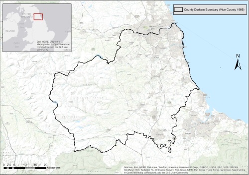 Inset map shows the position of County Durham in the north east of England, approximately halfway down the United Kingdom.  The main map shows the county, with its coast on the North Sea in the east, the urban and industrialised area around Newcastle on Tyne in the north east corner, the hills in the right hand half of the map, and the river drainages, mainly from the west (hilly) to east (the sea).  Click for larger version. 