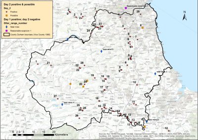 Map of County Durham showing the locations of Day 2 positive and possible otter signs, and day 1 positive, day 2 negative possible otter signs, with the putative otter ranges numbered.  One otter range, number 2, is wholly outside the county.  Click for larger version.