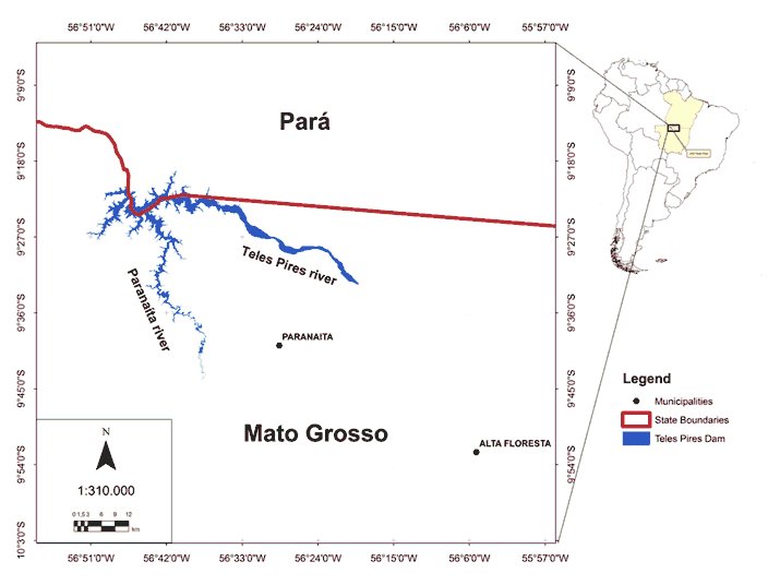 Map inset shows the location of he study area in the middle of Brazil. Main map shows the state boundary, with Para in the north and Mato Grosso in the south, and the Teles Pires and Paranaita rivers, and the extent of the lake caused by their damming.  The locations of Paranaita (south east) and Alta Floresta (further south east) are shown.  Click for larger version.