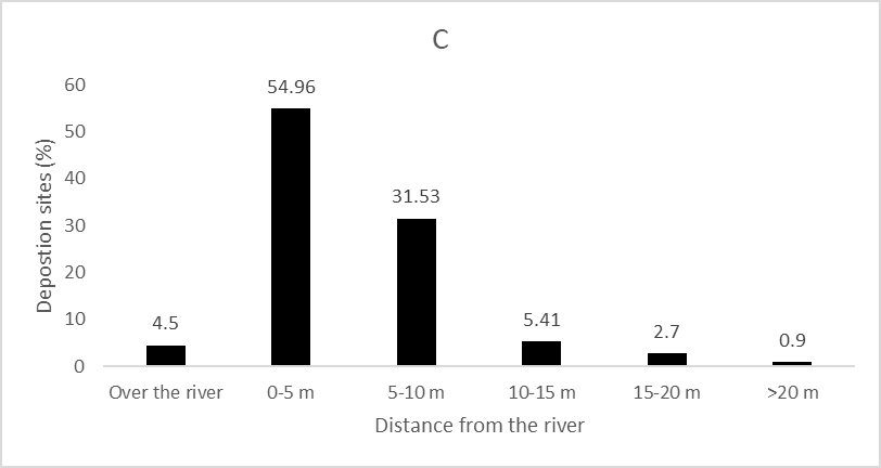 Graph 3C plotting number of spraint sites against distance from the river.  Most were within 10m of the river, with most being between 0 and 5m away.  Very few were further than 10m from the river, with only a tiny number more than 20m away.