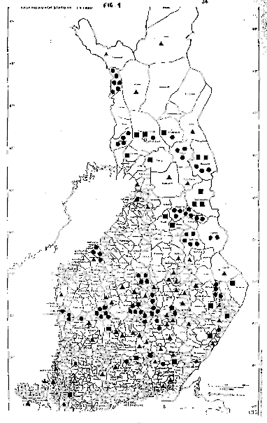 Map of Finland with otter distribution shown.