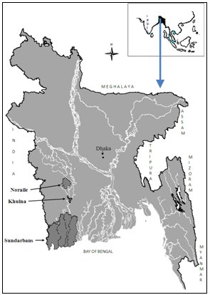 Map of Bangladesh showing the position of the Sundarbans delta in the south west of the country, with Khulna lying upriver, and Noraile even further upriver.