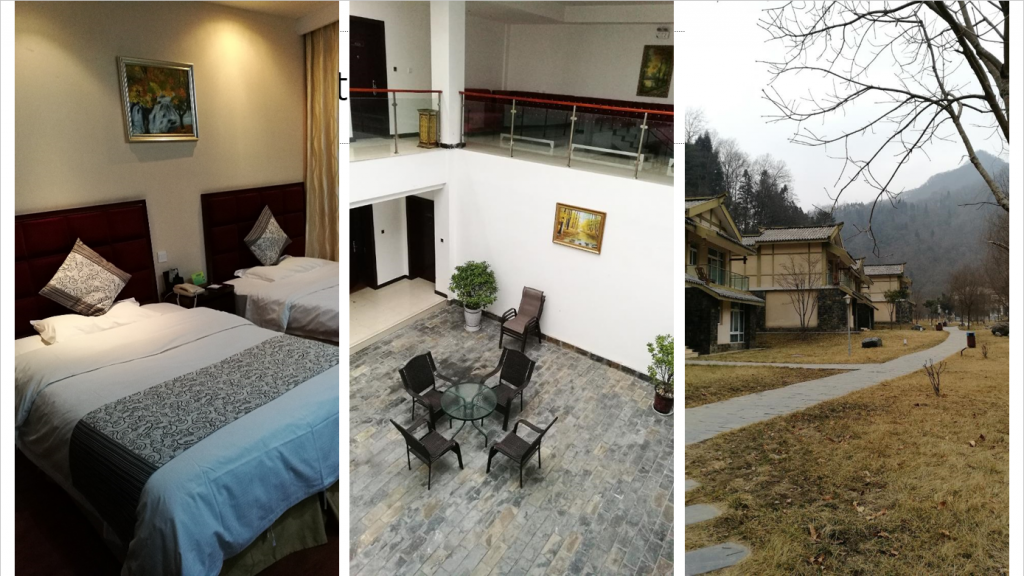 Images from the Tangjiahe Hotel Complex: a bedroom, an hall and a view of the nature surroundings